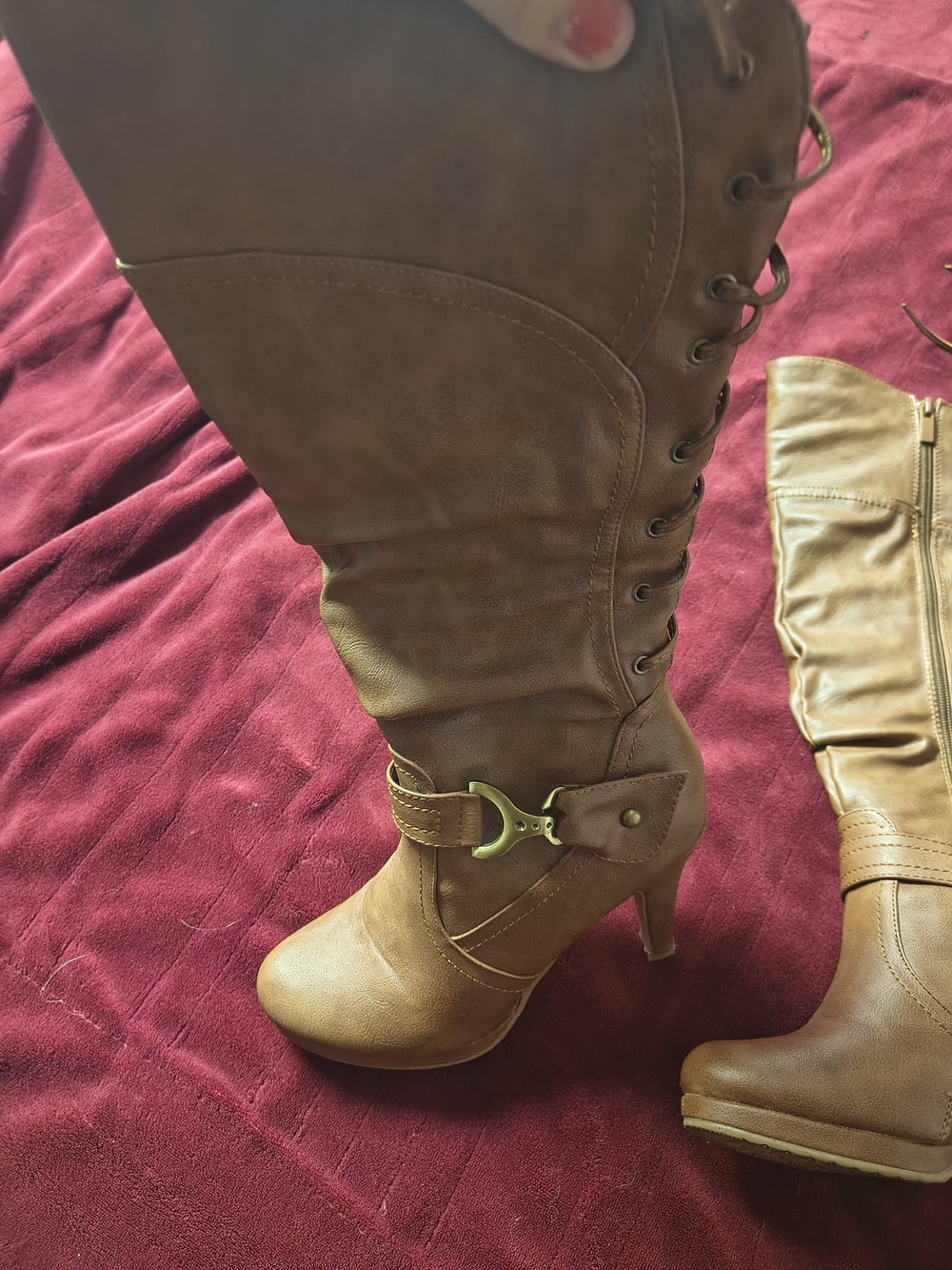 Women's Brown Lace-Up High Heel Knee Boots